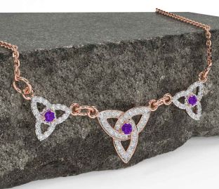 Diamond Amethyst Rose Gold Celtic Trinity Knot Necklace