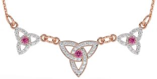 Diamond Pink Tourmaline Rose Gold Celtic Trinity Knot Necklace