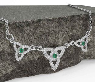 Diamond Emerald Silver Celtic Trinity Knot Necklace