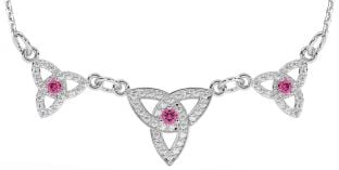 Diamond Pink Tourmaline Silver Celtic Trinity Knot Necklace