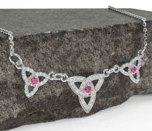 Diamond Pink Tourmaline Silver Celtic Trinity Knot Necklace