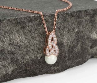Diamond Rose Gold Celtic Trinity Knot Pearl Necklace