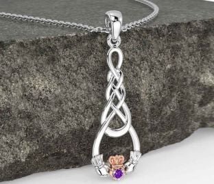 Amethyst Rose Gold Silver Celtic Claddagh Necklace