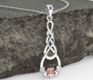 Diamond Rose Gold Silver Celtic Claddagh Necklace