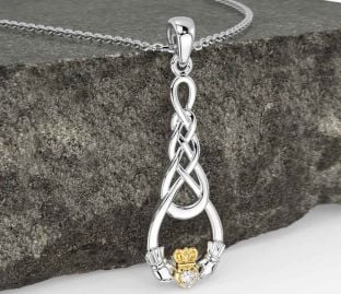 Diamond Gold Silver Celtic Claddagh Necklace