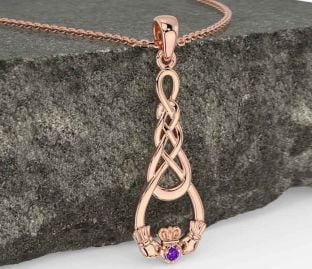 Amethyst Rose Gold Silver Celtic Claddagh Necklace
