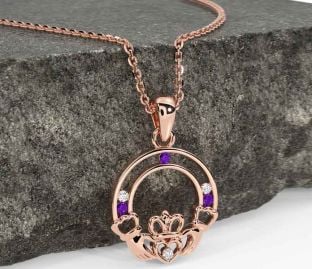 Diamond Amethyst Rose Gold Silver Claddagh Necklace