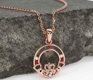 Diamond Ruby Rose Gold Silver Claddagh Necklace