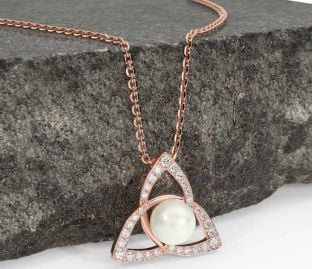 Diamond Rose Gold Celtic Trinity Knot Pearl Necklace