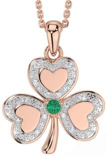 Diamond Emerald Rose Gold Silver Shamrock Necklace