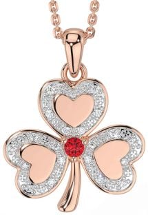 Diamond Ruby Rose Gold Silver Shamrock Necklace