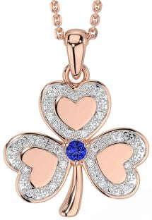 Diamond Sapphire Rose Gold Silver Shamrock Necklace