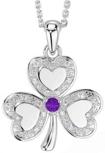 Diamond Amethyst Silver Shamrock Necklace