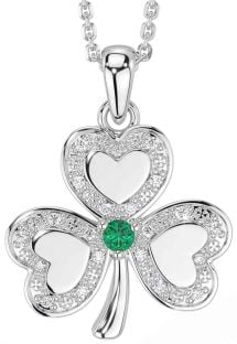 Diamond Emerald Silver Shamrock Necklace