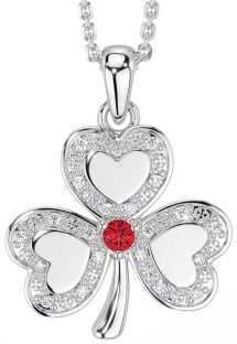 Diamond Ruby Silver Shamrock Necklace