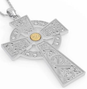 Large Diamond Gold Silver Celtic Cross Necklace