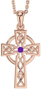 Diamond Amethyst Rose Gold Silver Celtic Cross Necklace