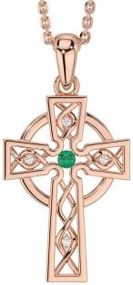 Diamond Emerald Rose Gold Silver Celtic Cross Necklace