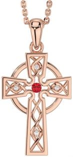 Diamond Ruby Rose Gold Silver Celtic Cross Necklace