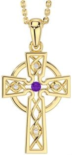 Diamond Amethyst Gold Silver Celtic Cross Necklace