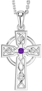 Diamond Amethyst Silver Celtic Cross Necklace