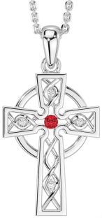 Diamond Ruby Silver Celtic Cross Necklace