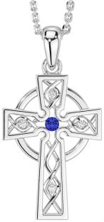 Diamond Sapphire Silver Celtic Cross Necklace