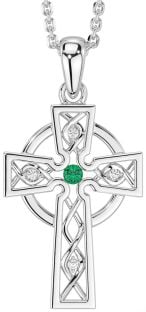 Diamond Emerald White Gold Celtic Cross Necklace