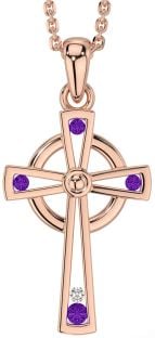 Diamond Amethyst Rose Gold Silver Celtic Cross Necklace