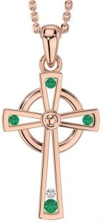 Diamond Emerald Rose Gold Silver Celtic Cross Necklace