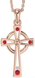 Diamond Ruby Rose Gold Silver Celtic Cross Necklace