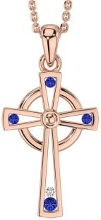 Diamond Sapphire Rose Gold Silver Celtic Cross Necklace