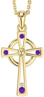 Diamond Amethyst Gold Silver Celtic Cross Necklace