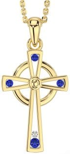 Diamond Sapphire Gold Silver Celtic Cross Necklace