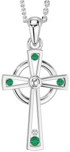 Diamond Emerald Silver Celtic Cross Necklace