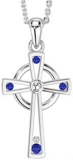 Diamond Sapphire Silver Celtic Cross Necklace