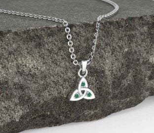 Emerald Silver Celtic Trinity Knot Charm Necklace