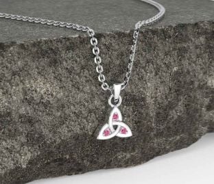 Pink Tourmaline White Gold Celtic Trinity Knot Charm Necklace