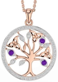 Diamond Amethyst Rose Gold Silver Celtic Tree of Life Trinity Knot Necklace