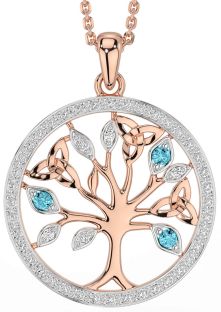 Diamond Aquamarine Rose Gold Silver Celtic Tree of Life Trinity Knot Necklace