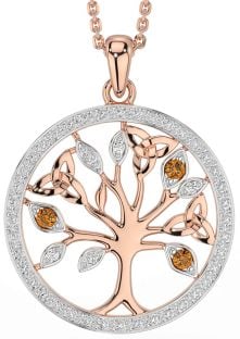 Diamond Citrine Rose Gold Silver Celtic Tree of Life Trinity Knot Necklace