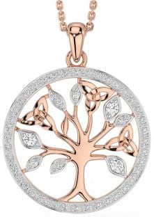 Diamond Rose Gold Silver Celtic Tree of Life Trinity Knot Necklace