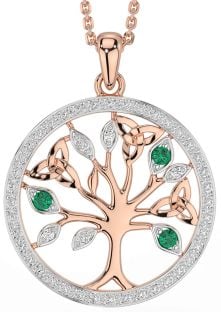 Diamond Emerald Rose Gold Silver Celtic Tree of Life Trinity Knot Necklace