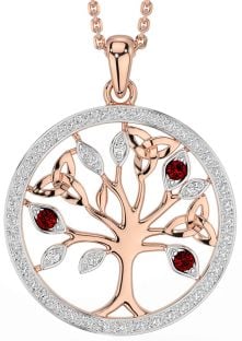 Diamond Garnet Rose Gold Silver Celtic Tree of Life Trinity Knot Necklace