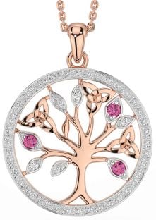 Diamond Pink Tourmaline Rose Gold Silver Celtic Tree of Life Trinity Knot Necklace