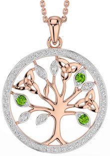 Diamond Peridot Rose Gold Silver Celtic Tree of Life Trinity Knot Necklace