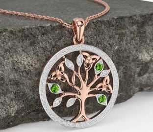 Diamond Peridot Rose Gold Silver Celtic Tree of Life Trinity Knot Necklace