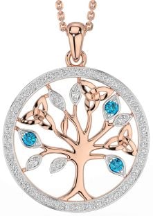 Diamond Topaz Rose Gold Silver Celtic Tree of Life Trinity Knot Necklace