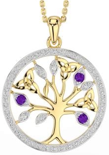 Diamond Amethyst Gold Silver Celtic Tree of Life Trinity Knot Necklace