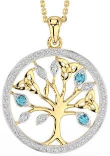 Diamond Aquamarine Gold Silver Celtic Tree of Life Trinity Knot Necklace